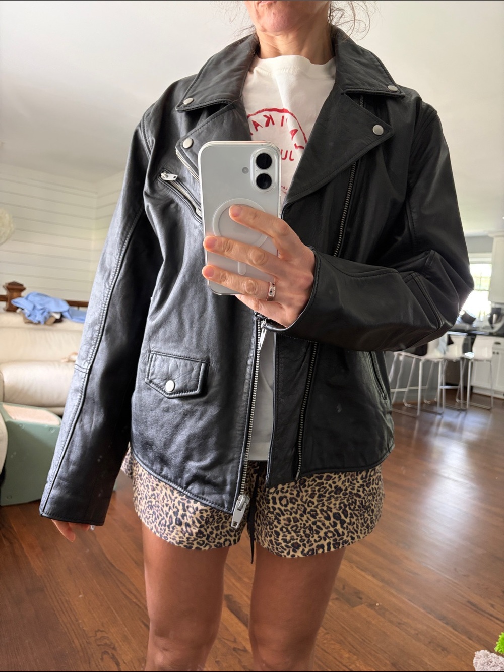 ZARA Black Leather Bomber-Style Biker Jacket - Picture 4 of 5